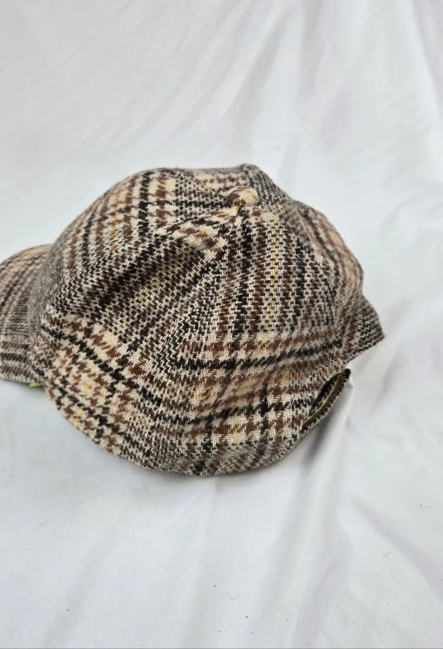 Plaid Herringbone Tweed Baseball Cap Adjustable Brown Beige One Size